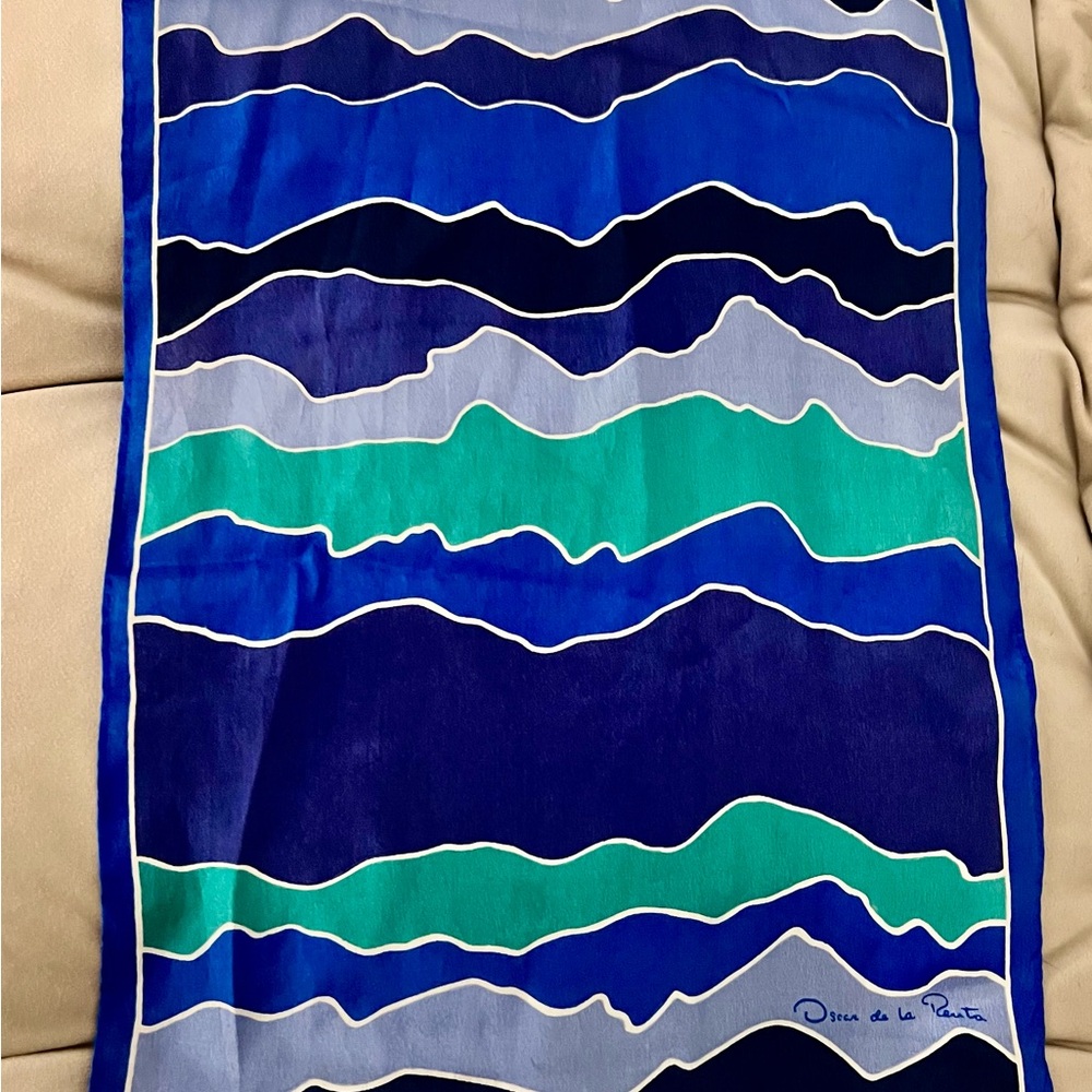 Vintage Oscar De La Renta Silk Wave Blue and Green Scarf